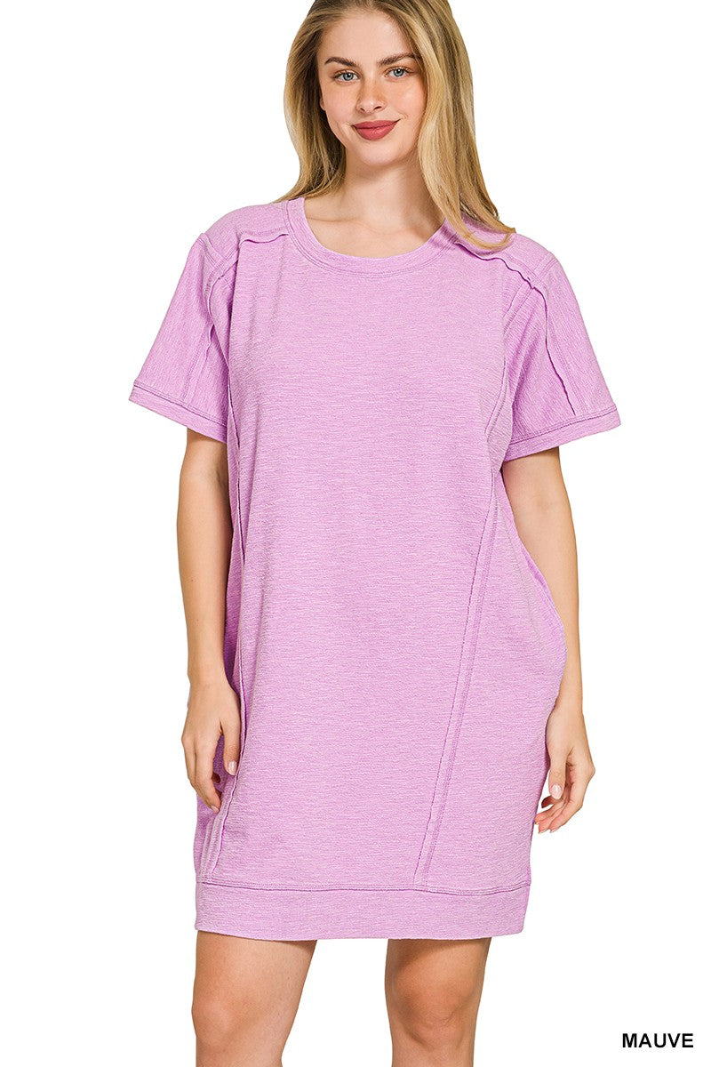 Zenana Washed Slub Mini Dress with Pockets - Mauve
