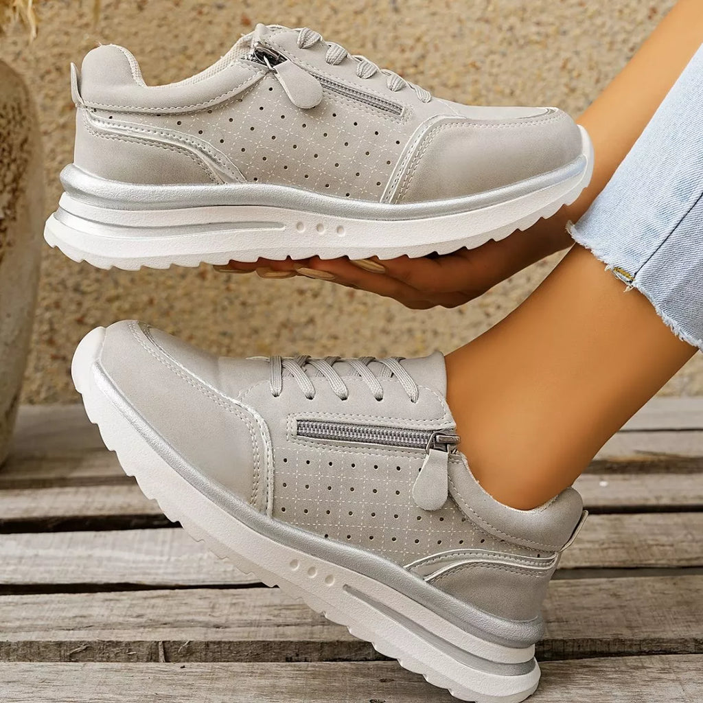 Women's Casual Round Toe Lace Up Sneakers with Side Zipper Detail