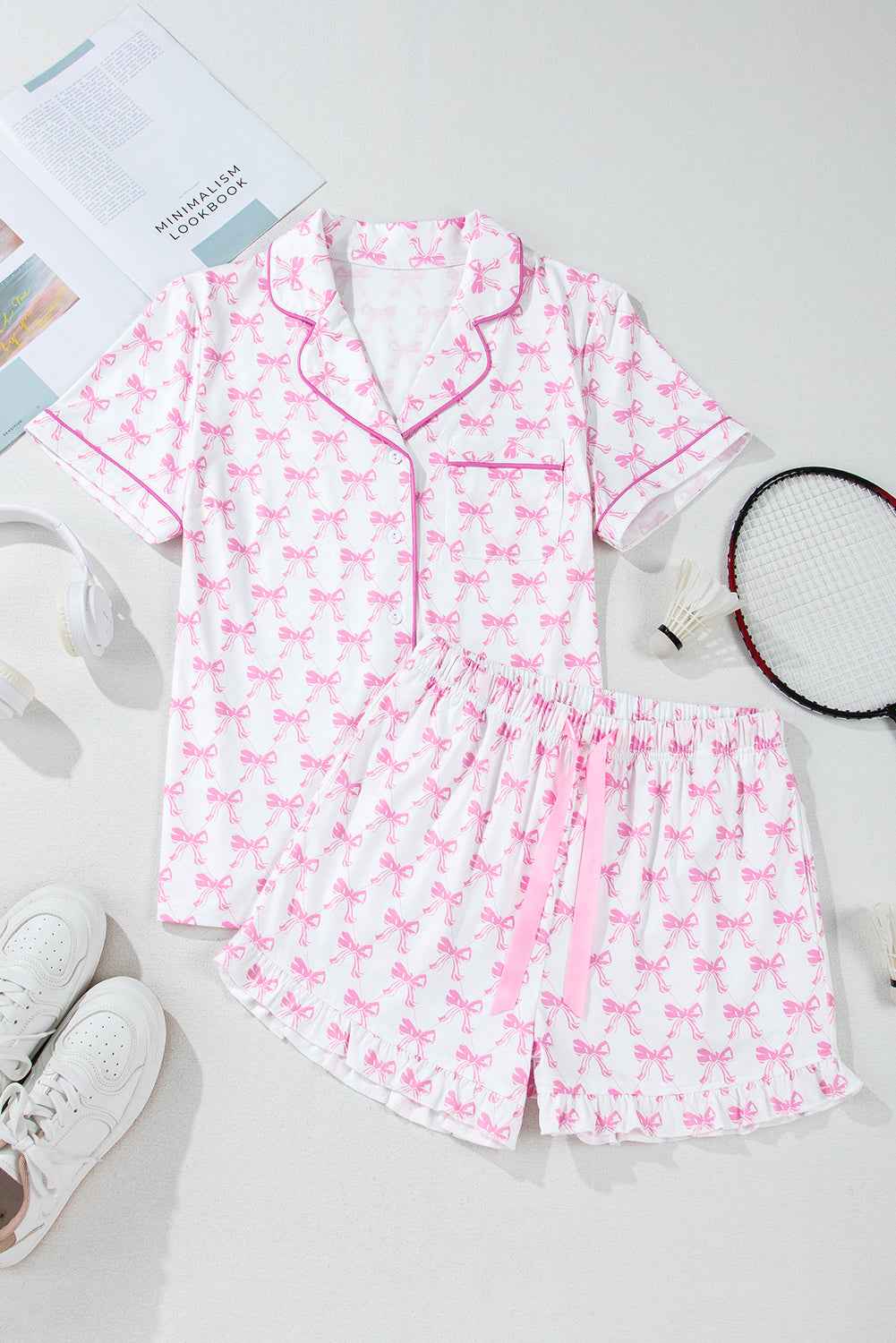 Pink Bowknot Print Ruffle Hem Pajamas