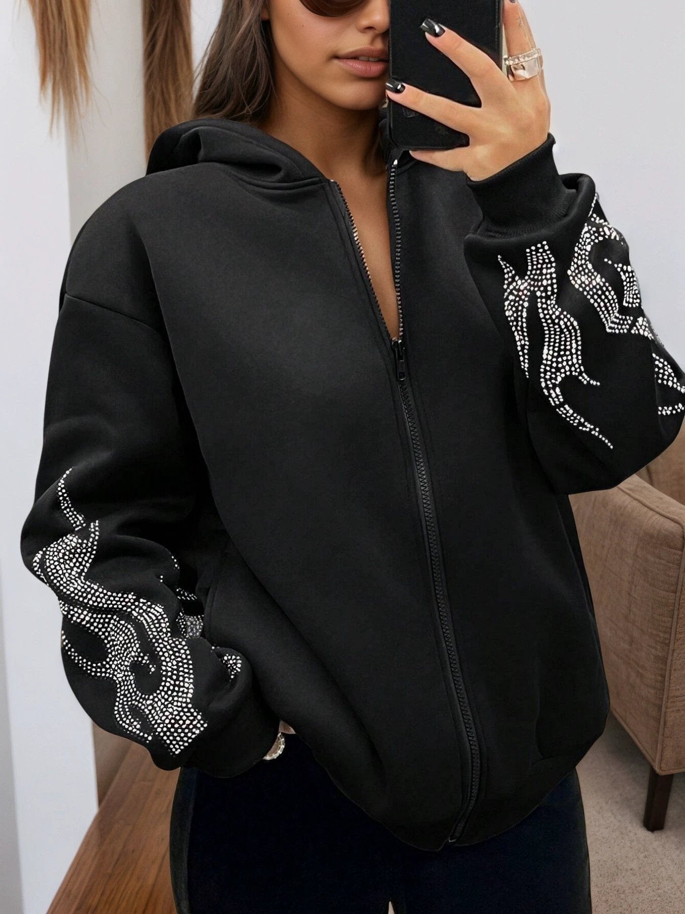 2025 New Women's Jacket With Zipper Closure, Hooded Neck, Flame Printed Sleeves, Essential Women's Coat For Autumn And Winter