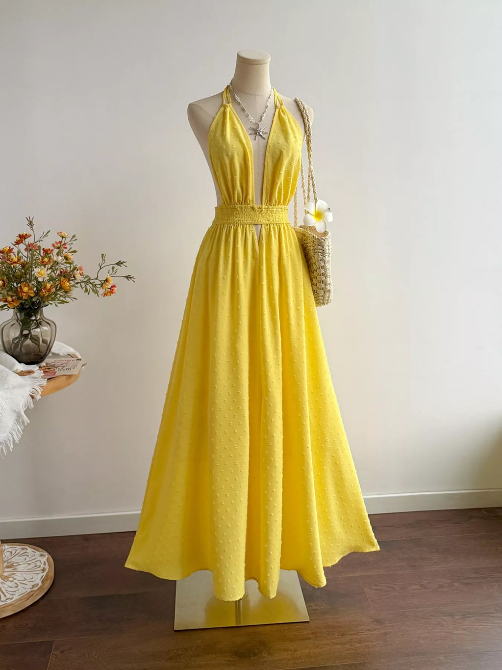 Yellow Swiss Dot Halter Neck Smocked Backless Maxi Dress