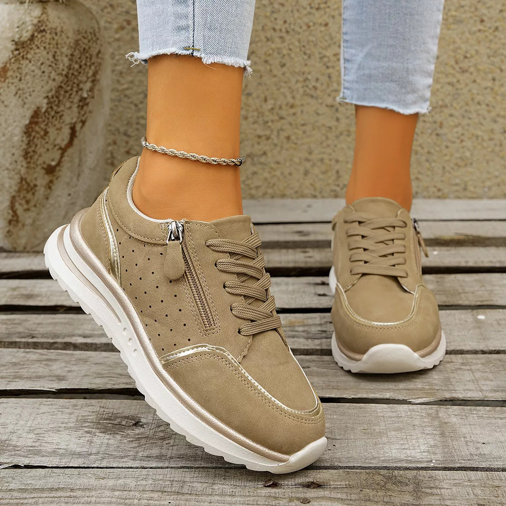 Women's Casual Round Toe Lace Up Sneakers with Side Zipper Detail