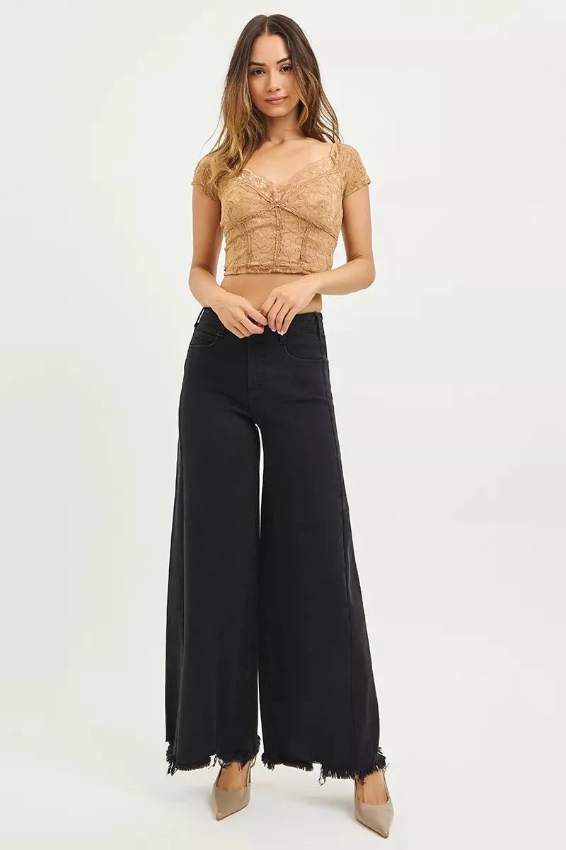 RISEN Tummy Control High Rise Palazzo Leg Frayed Hem Jeans - Stylish Tummy Control High Rise Jeans