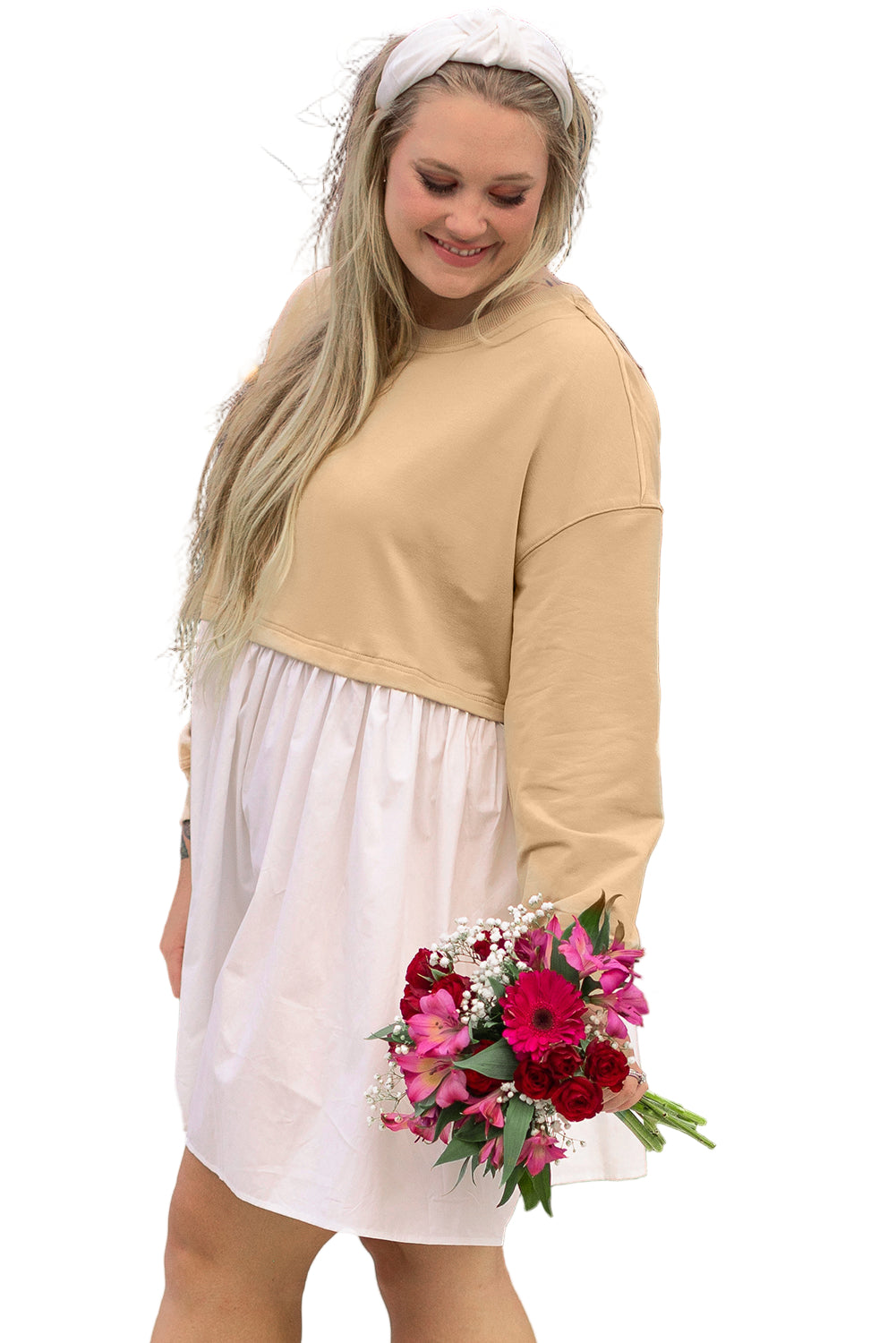 Apricot Color Block Patchwork Ruffled Plus Size Mini Dress