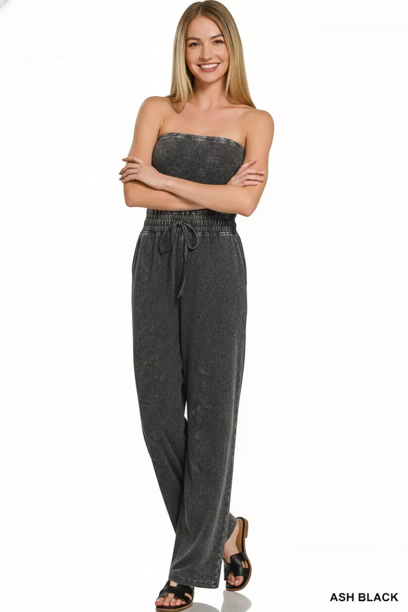 Zenana Acid Washed Strapless Tube Jumpsuit
