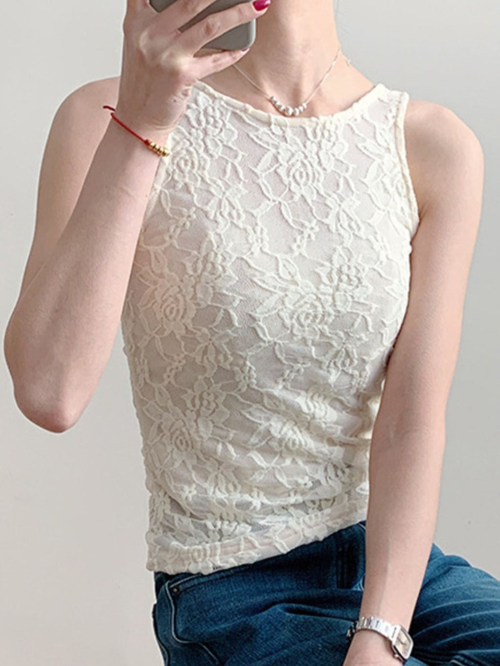 Women's Sheer Floral Lace Round Neck Tank Top in Ivory