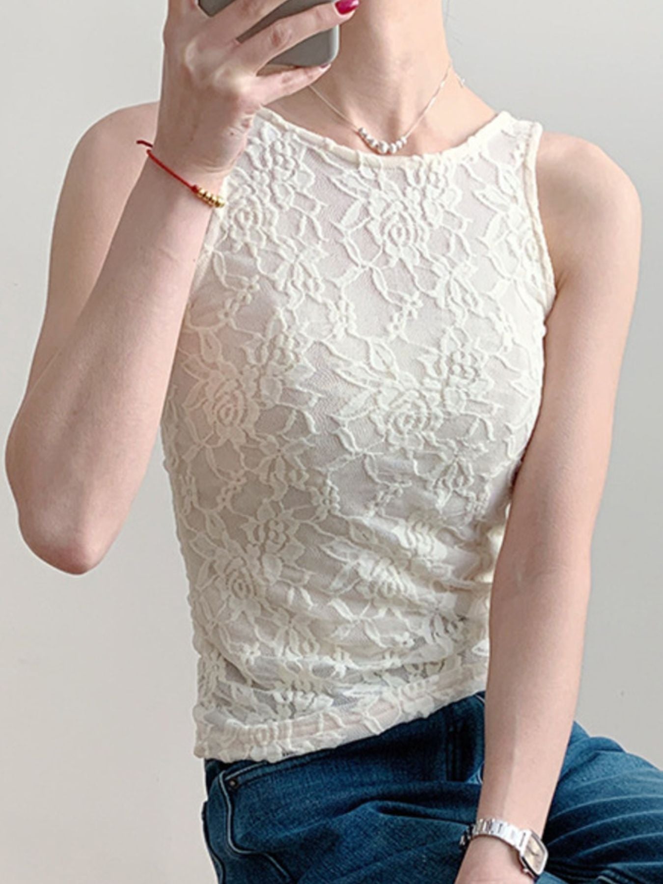 Women's Sheer Floral Lace Round Neck Tank Top in Ivory