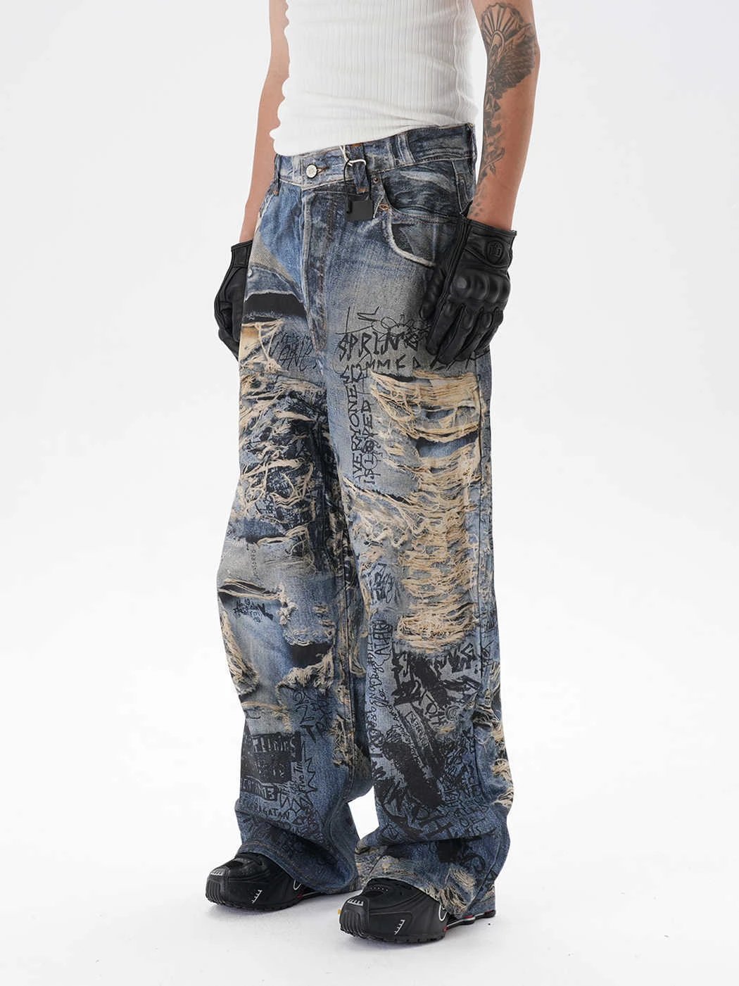 Men's Ripped Graffiti Straight Jeans