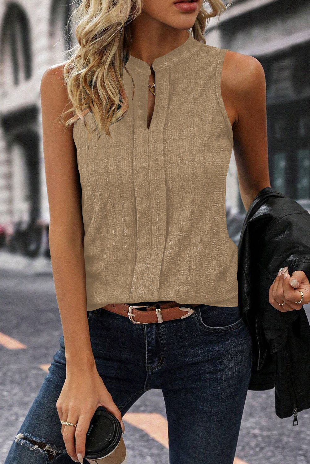 Sleeveless Top - Textured Split V Neck Women's Blouse