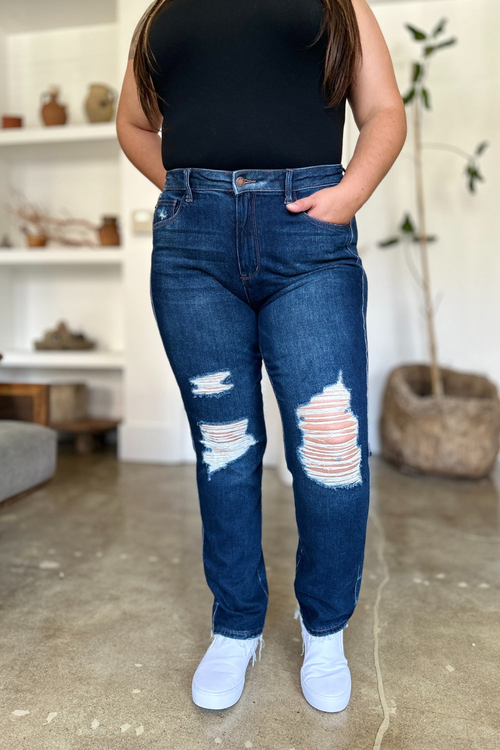 Judy Blue Jeans Full Size High Waist Rigid Magic Heavy Destroyed Straight For Curvy Women