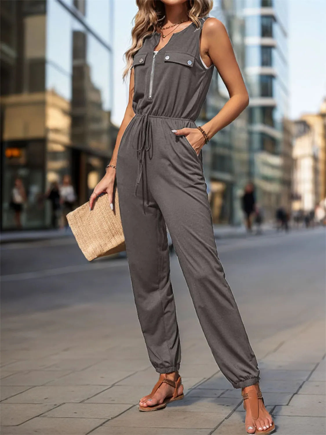 Gathered Waist Sleeveless Jumpsuit - Wide Leg