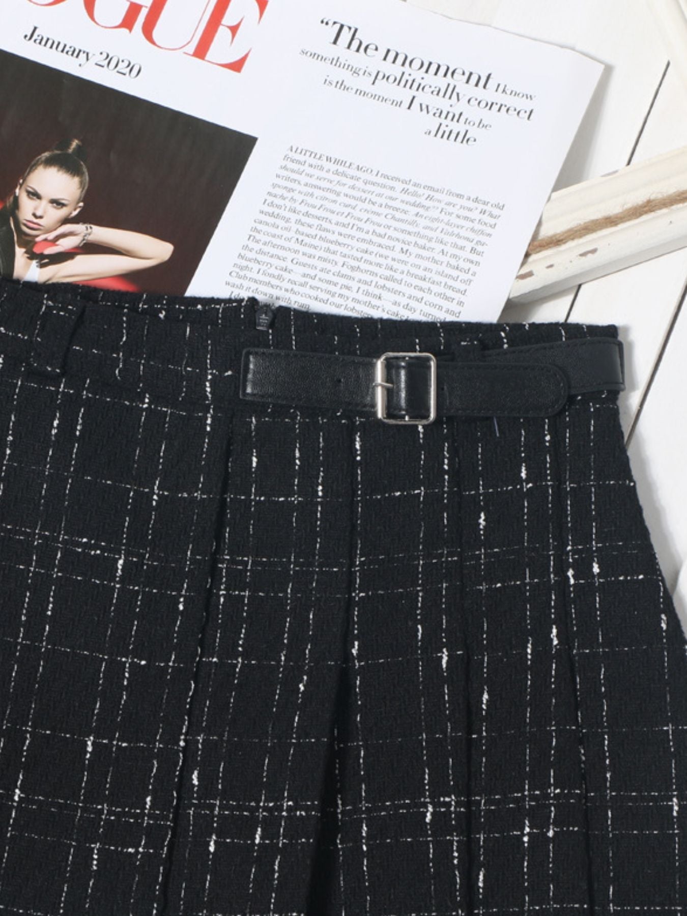 Women's Pleated Plaid Mini Skirt with Buckle Detail