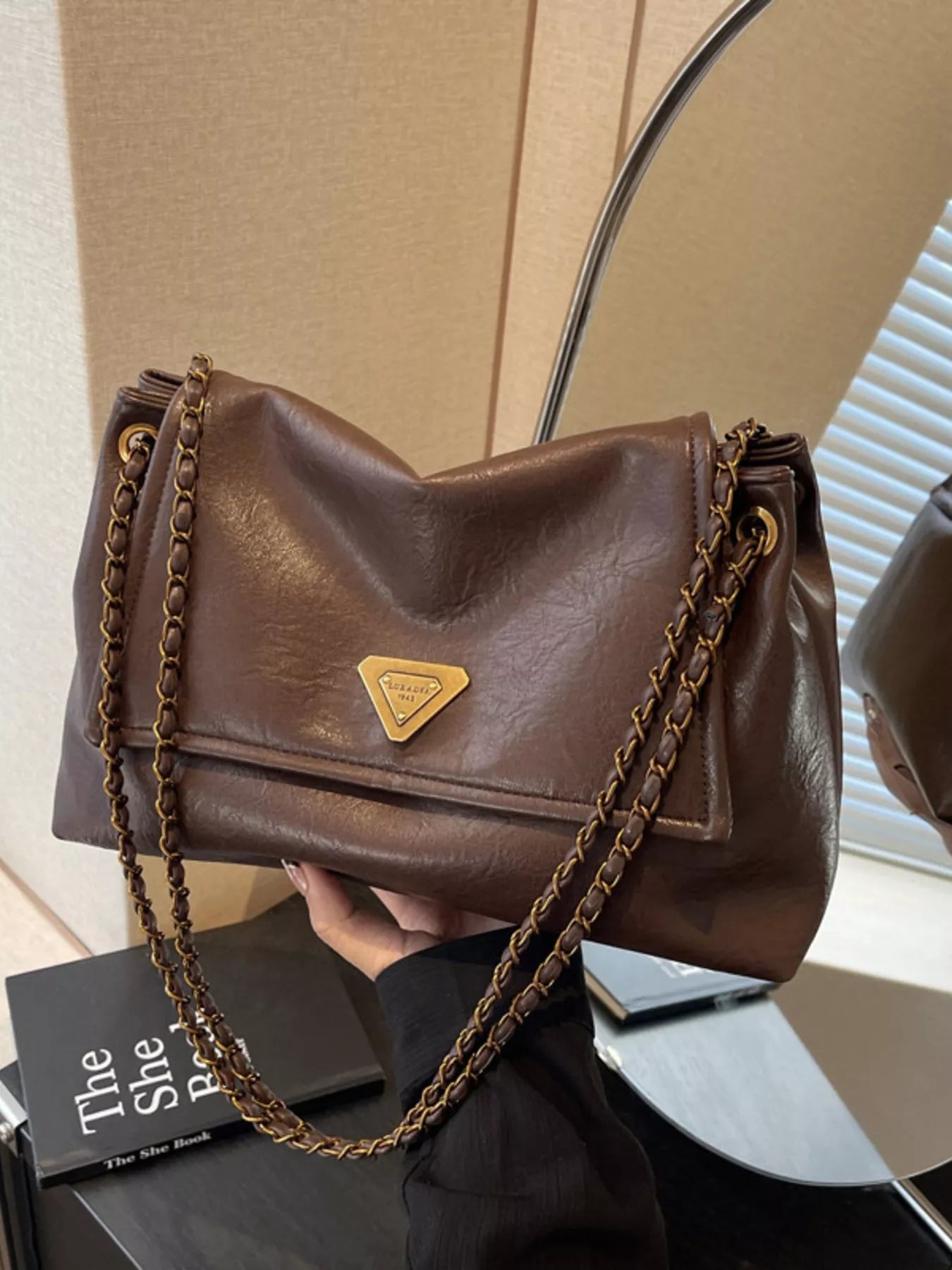 Brown Faux Leather Shoulder Bag with Metal Chain Strap