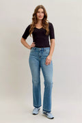 Judy Blue Plus Size Jeans Mid Rise Slim Bootcut Tummy Control Release Hem For Curvy Women