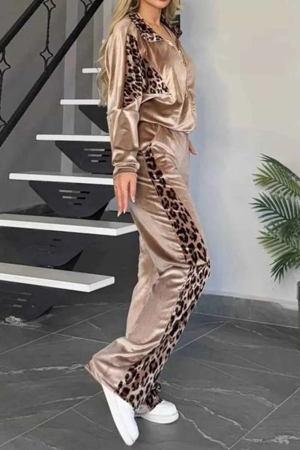 Full Size Collared Neck Leopard Zip Up Sweatsuit Plus Size