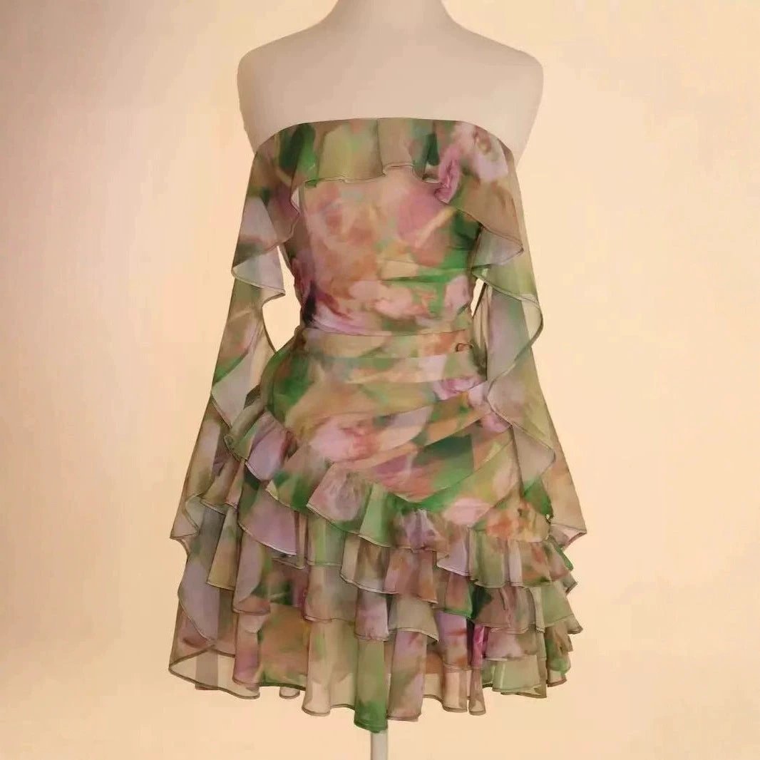 Chiffon Printed Ruffles Tube Dress