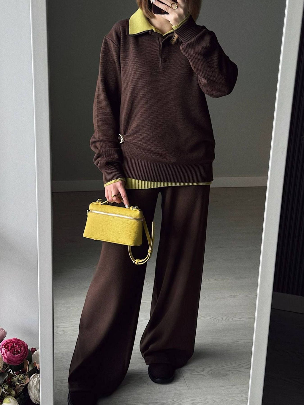 Women's Knit Polo Top and Wide Leg Pants Two-Piece Set
