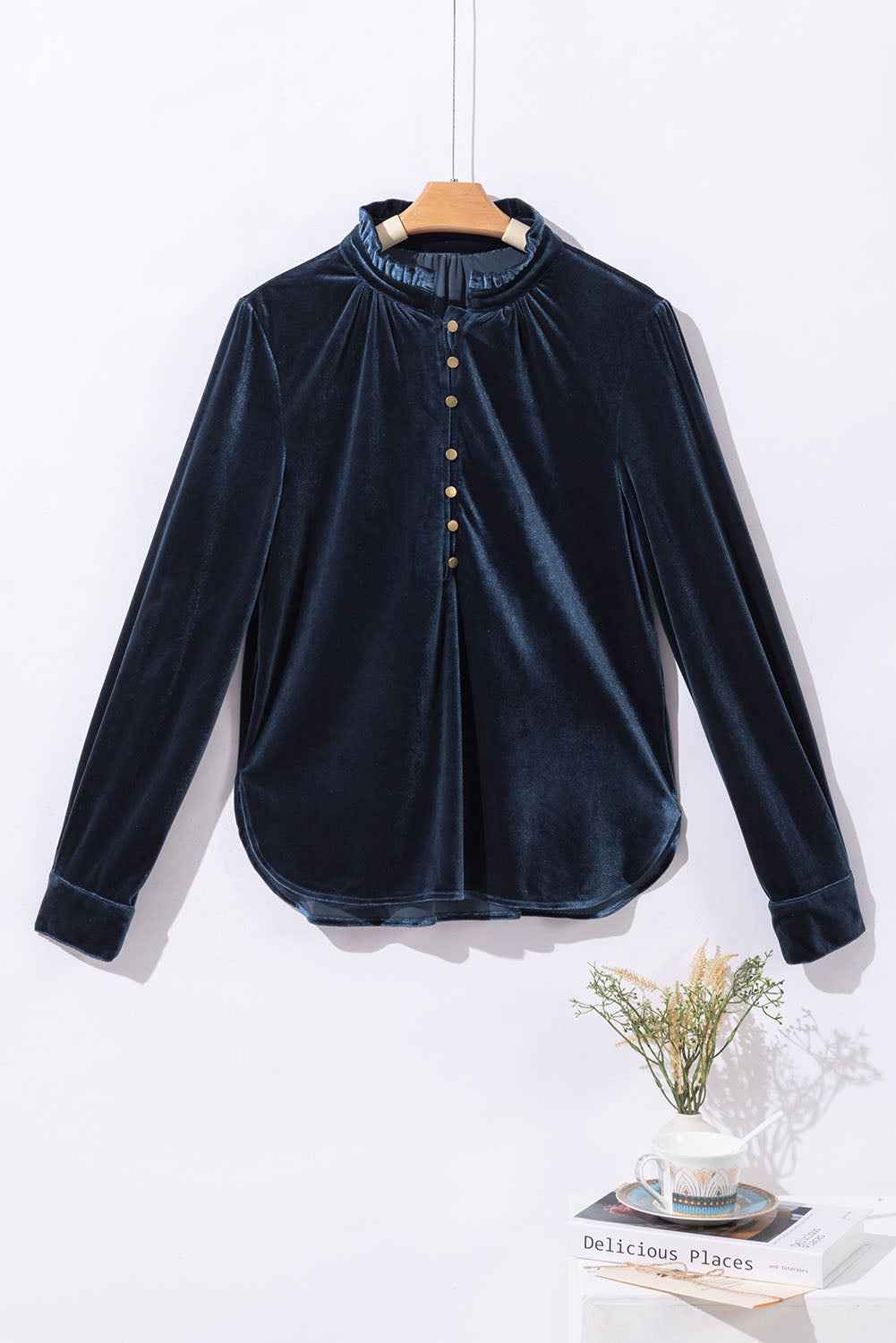 Green Frilled Neck Buttoned Front Velvet Women's Top