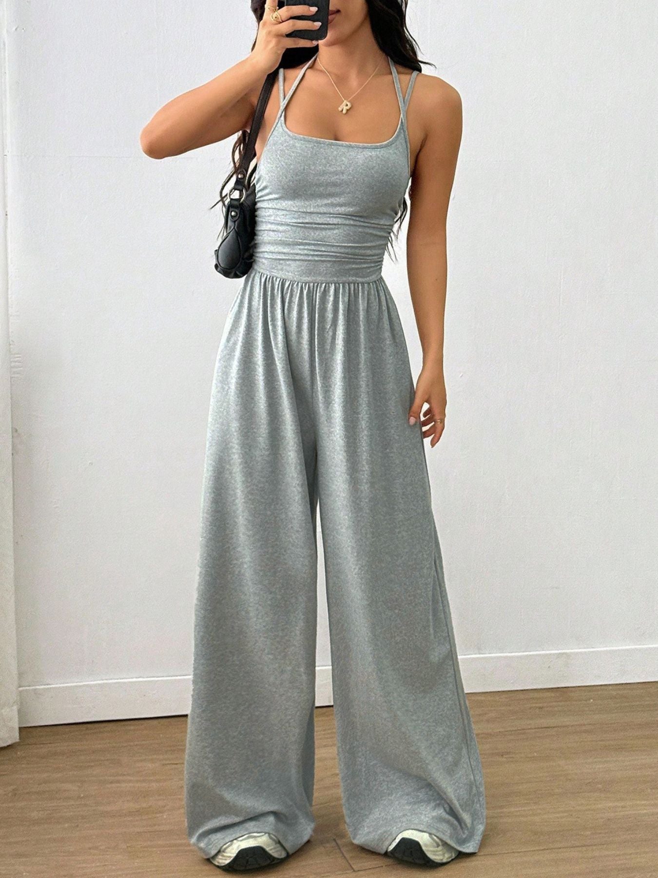 Women's Sleeveless Wide Leg Knit Jumpsuit in Grey and Brown