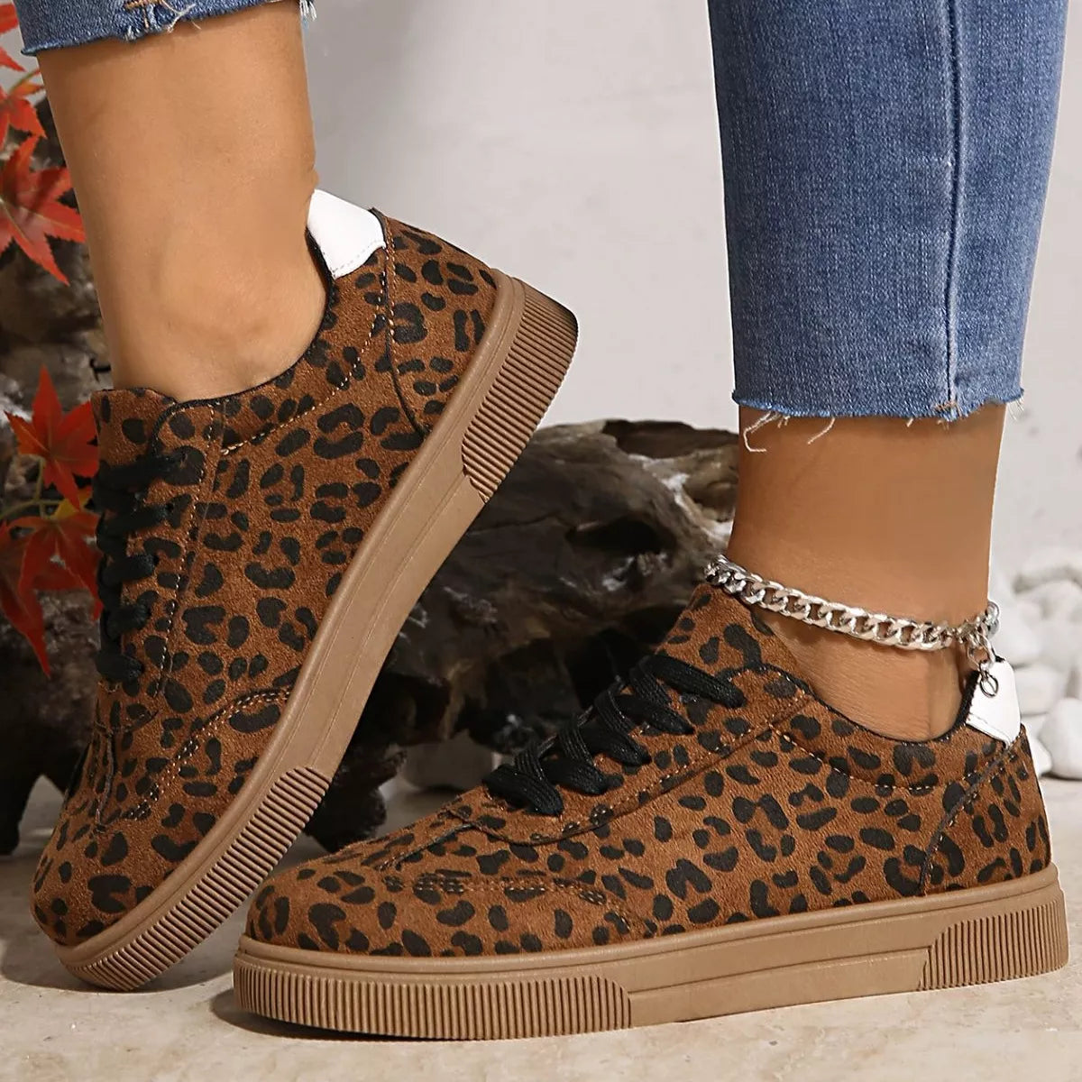 Women's Leopard Print Suede Lace Up Sneakers Casual Flat Shoes