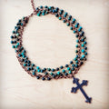 African Turquoise Beaded Collar Necklace w/ Cross Pendant 261c