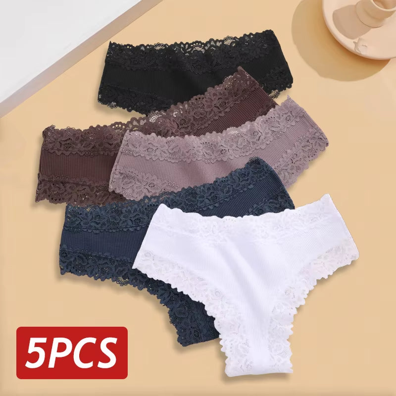 5Pcs/Set Women Lace Seamless Cotton Panties Sexy Brazilian Pants Ribbed Breathable Girls Underwear Soft plus Size Lingerie S-XL