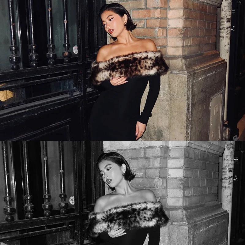 Atmospheric Leopard Print Fur Stitching Off-shoulder Dress