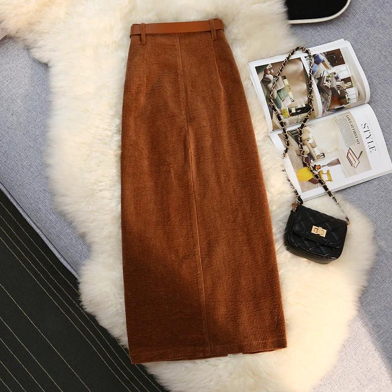 Women's Vintage Style High-Waisted Solid Color Maxi Dress With Belt Side Slit Casual Winter Dress