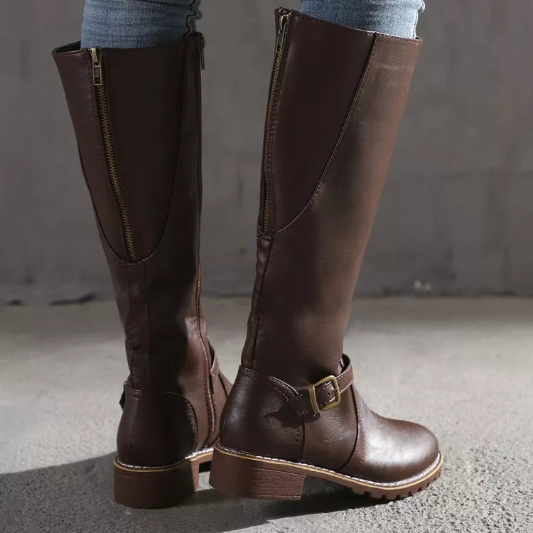 Women's Round Toe Knee High Buckle Boots Low Heel Fashion