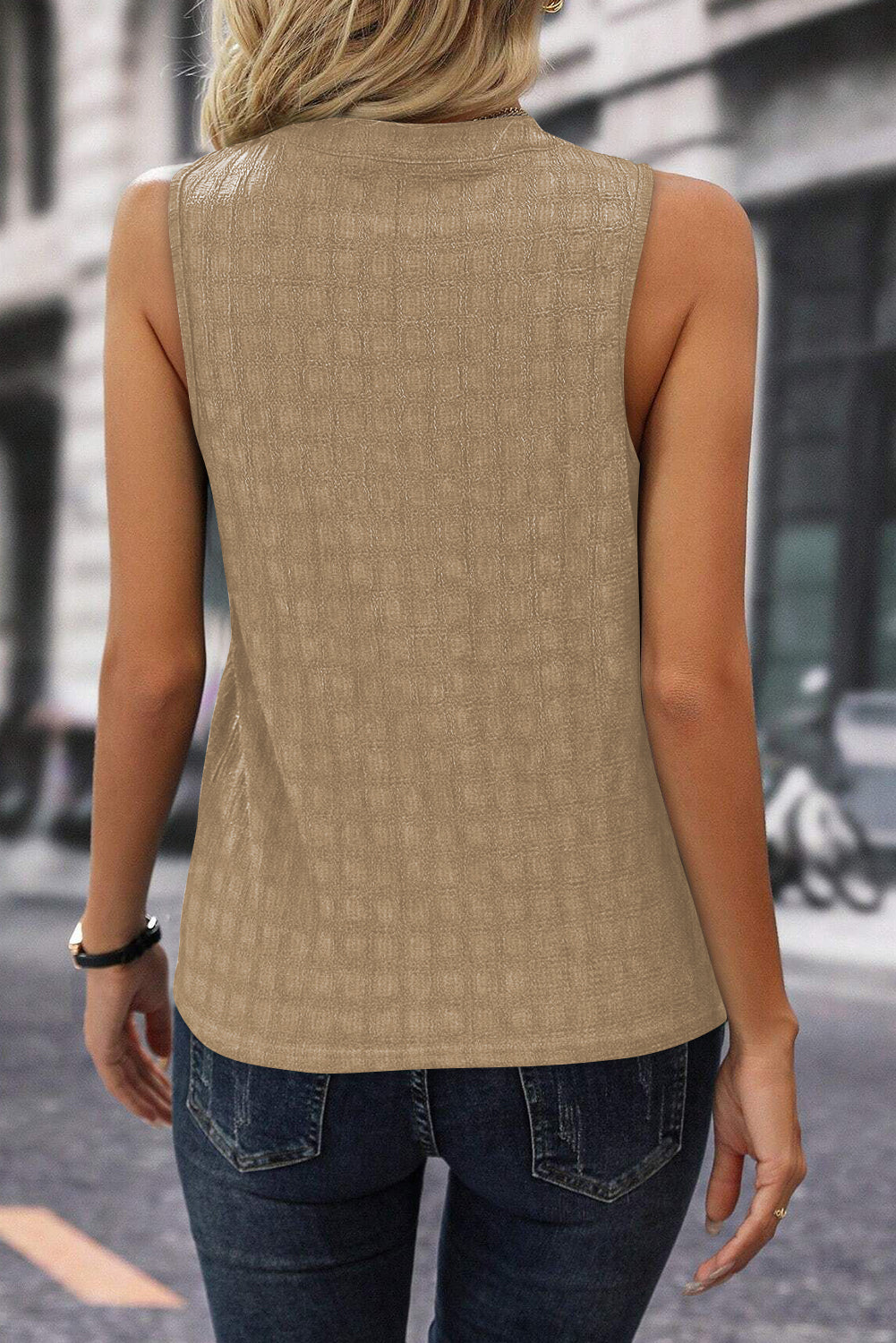 Sleeveless Top - Textured Split V Neck Women's Blouse