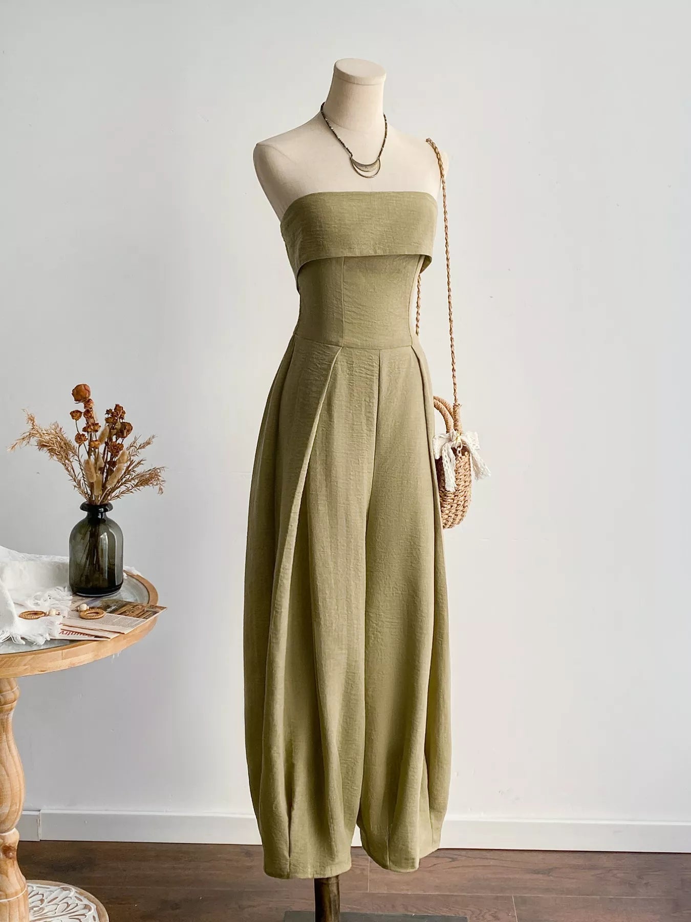 Wide Leg Smocked Jumpsuit - Casual Button Front