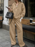 Women's Quarter Zip Long Sleeve Top & Wide Leg Pants Set Beige
