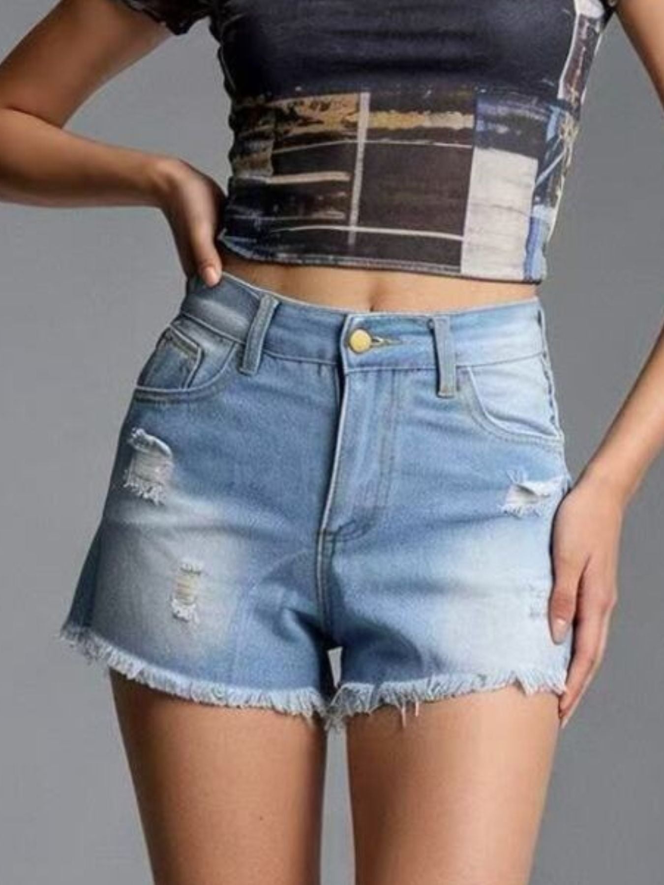 Women's High Rise Distressed Frayed Hem Denim Shorts
