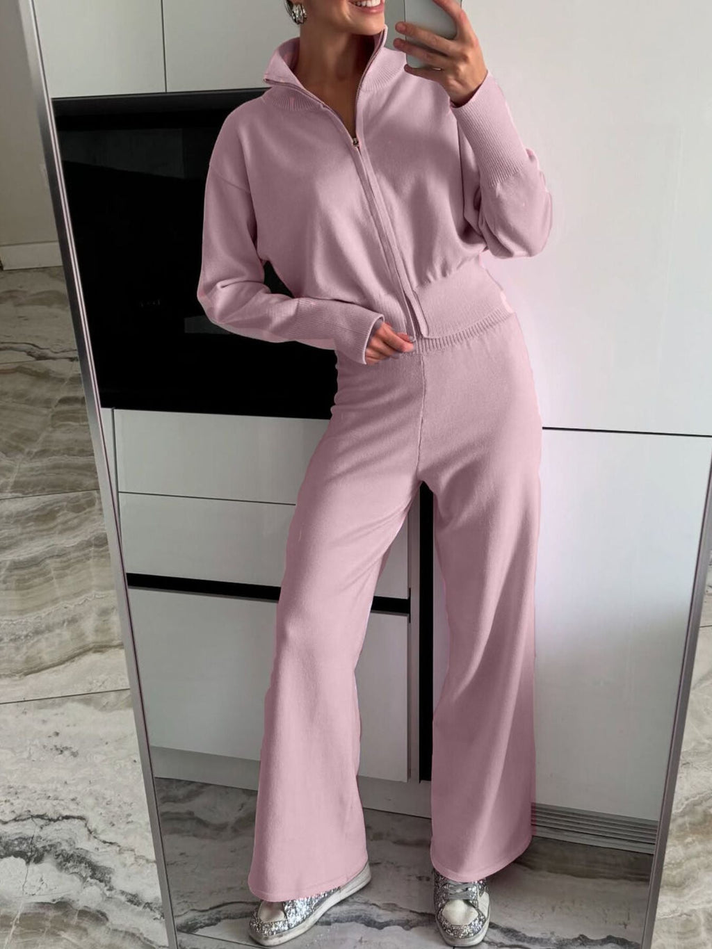Women's Zip Up Collared Loungewear Set with Wide Leg Pants