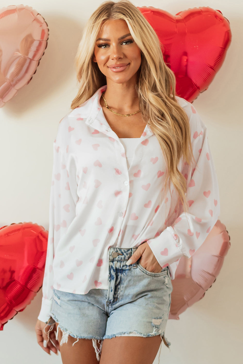 White Love Heart Print Drop Shoulder Puff Sleeve Women's Blouse
