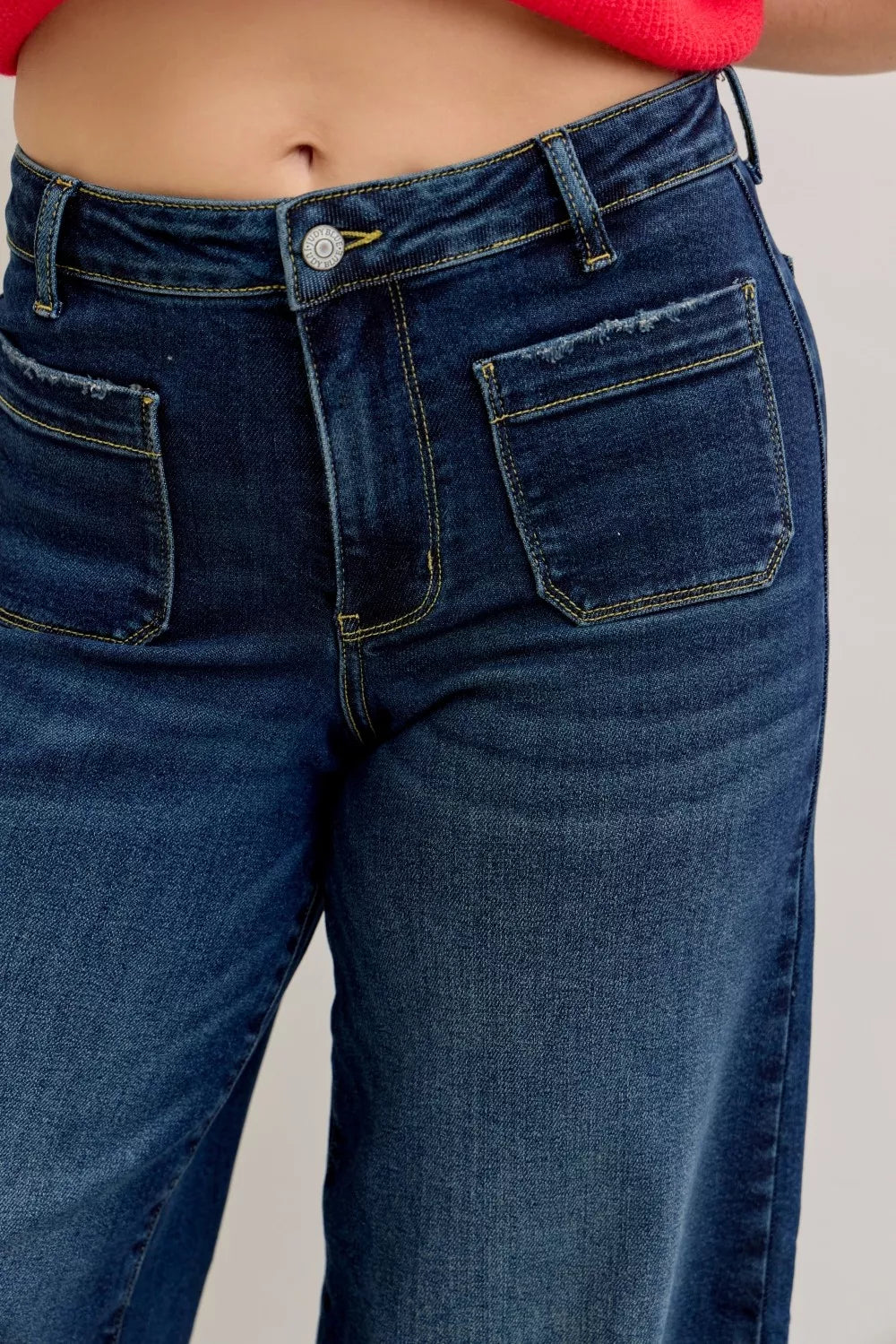 Judy Blue High Waist Palazzo Jeans With Front Patch Pockets Flattering Stretchy Denim For Women