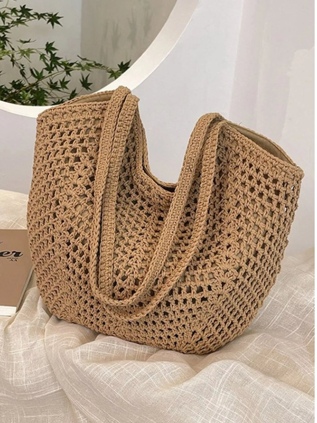 Large Woven Straw Shoulder Bag in Natural Beige