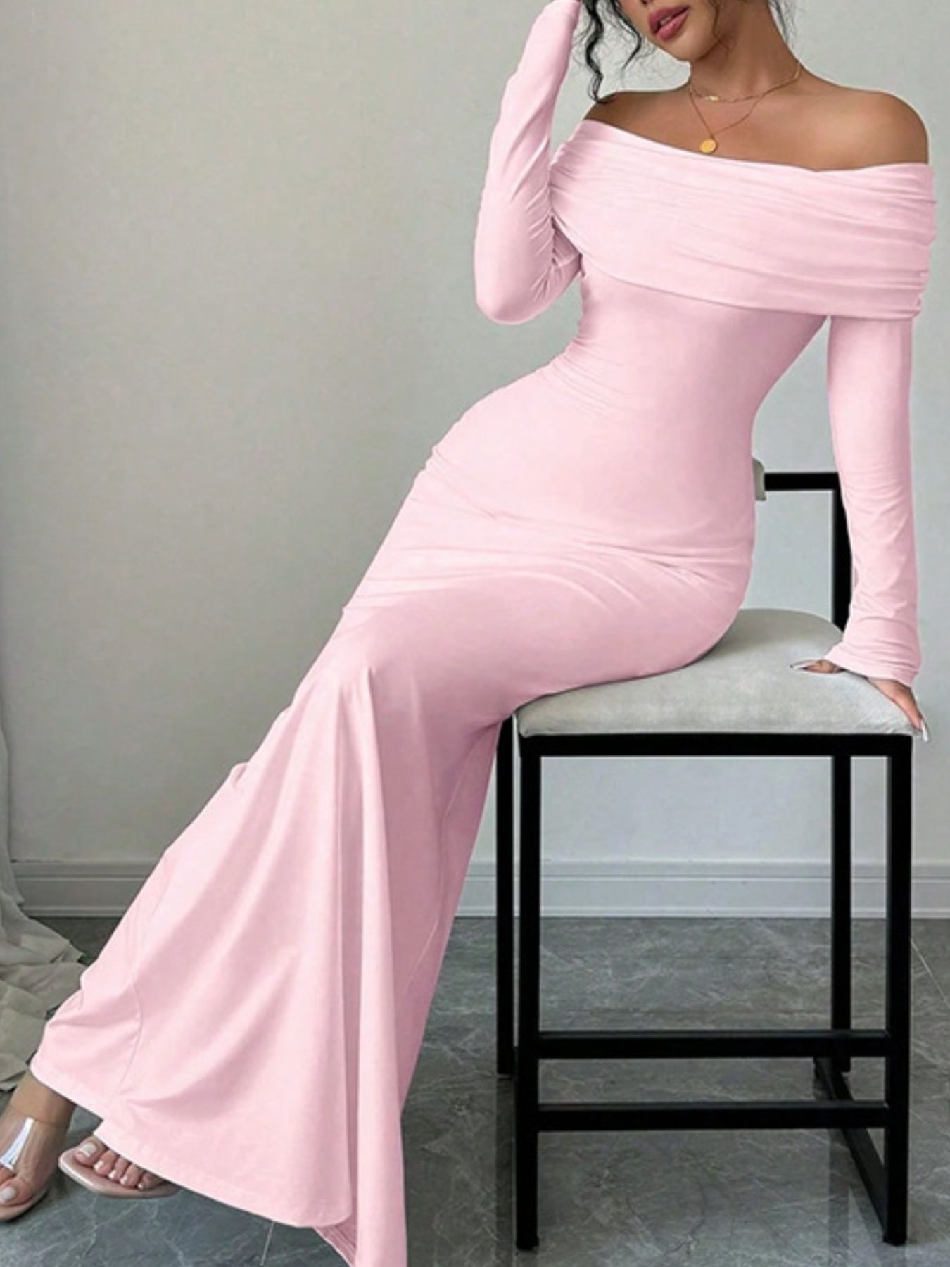 White Off-Shoulder Long Sleeve Bodycon Maxi Dress