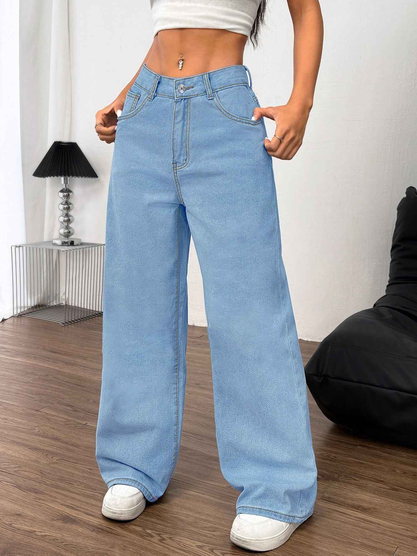 Embroidered Wide Leg Jeans with Bow Back