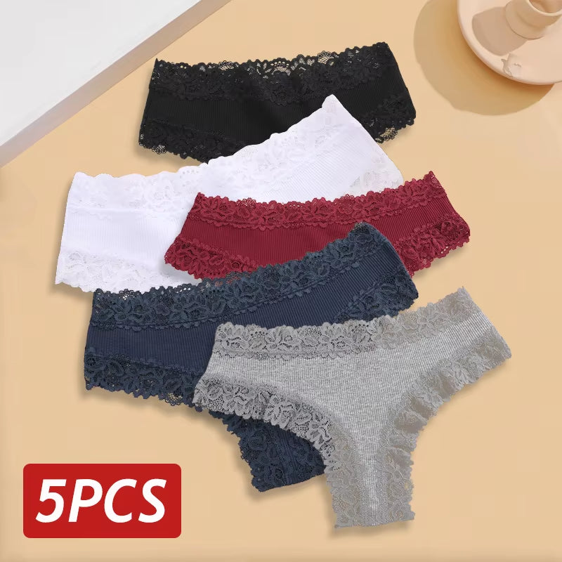 5Pcs/Set Women Lace Seamless Cotton Panties Sexy Brazilian Pants Ribbed Breathable Girls Underwear Soft plus Size Lingerie S-XL
