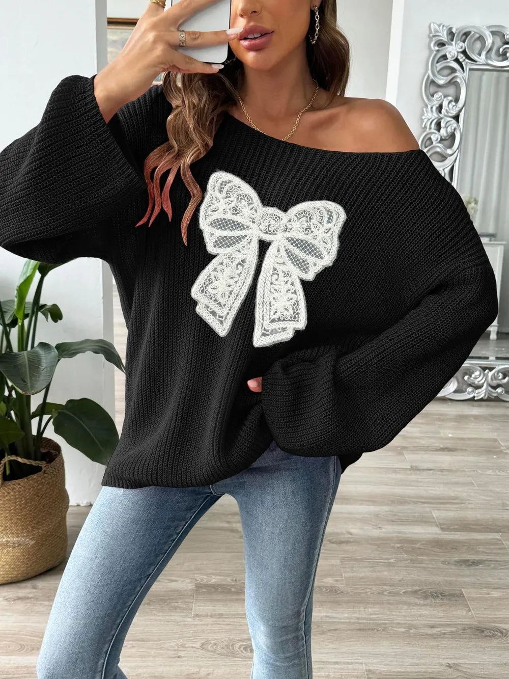 Bow Boat Neck Sweater - Long Sleeve Women's Pullover