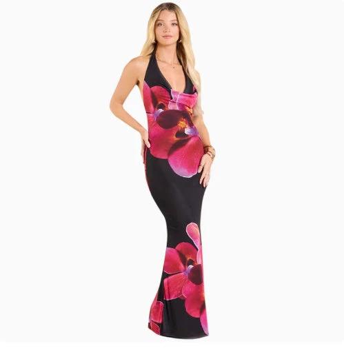 Halter Floral Mesh Backless Maxi Dress