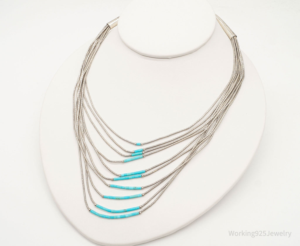 Vintage Native American Turquoise Silver Bead Necklace