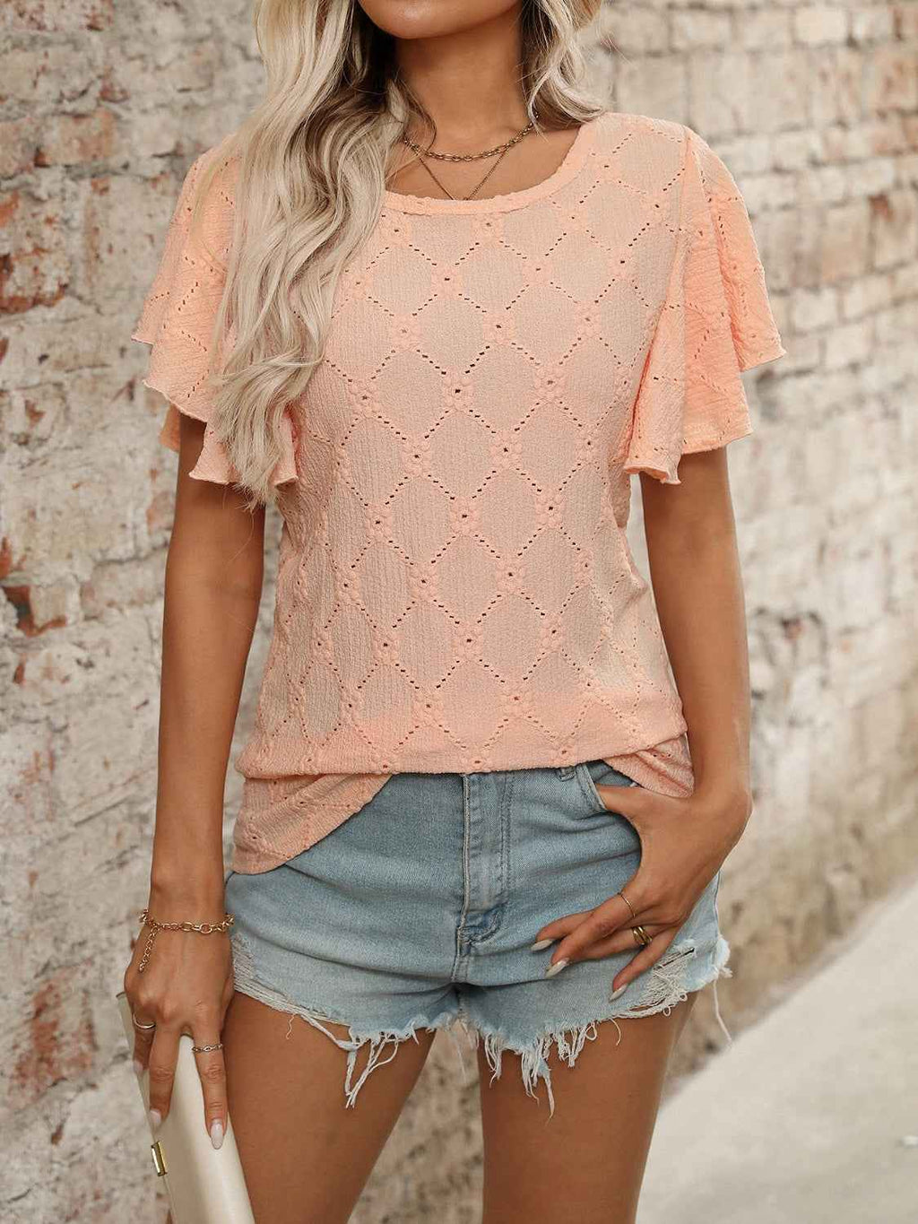Eyelet Flutter Sleeve Round Neck Top