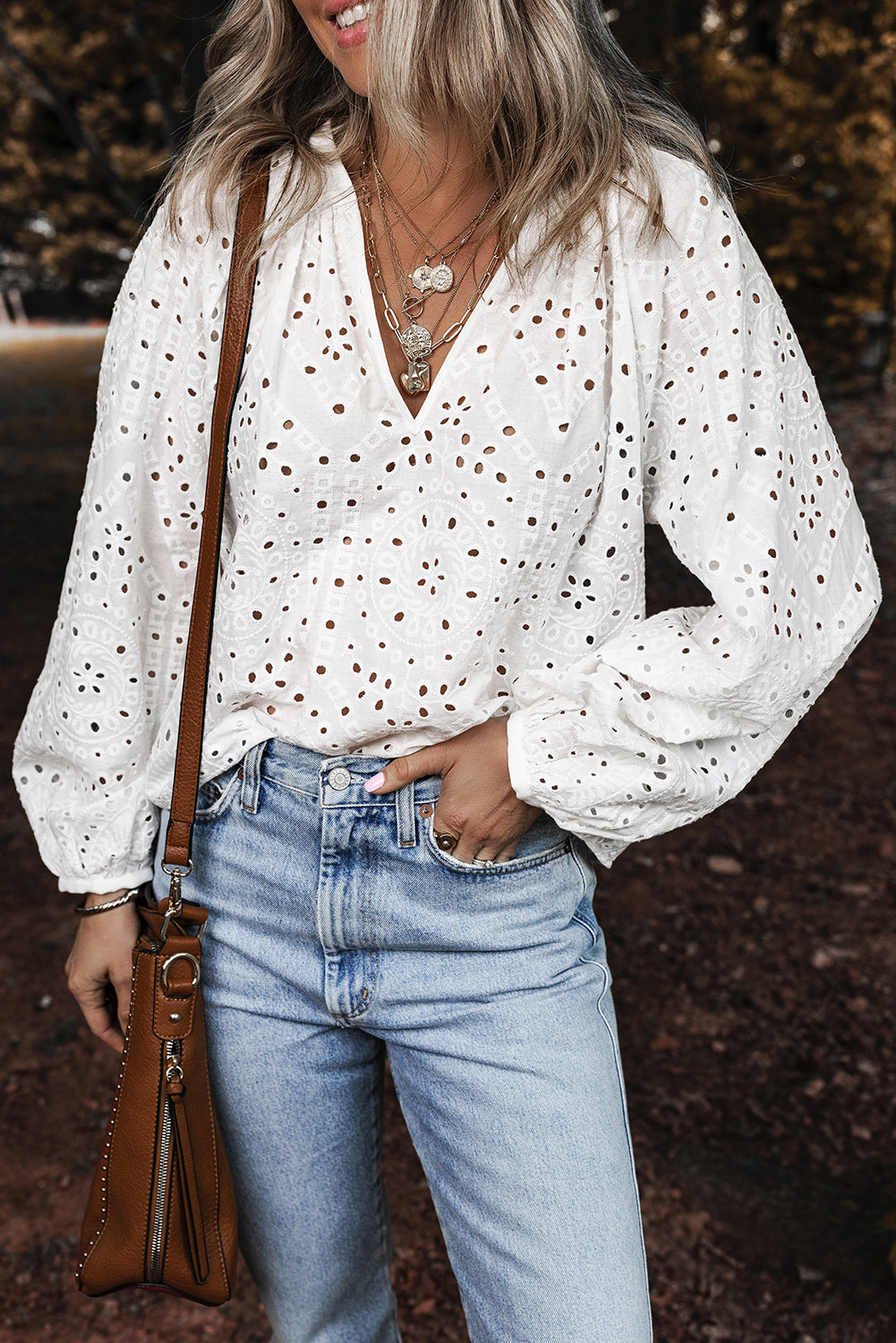 White Eyelet Puff Sleeve Blouse with V Neck