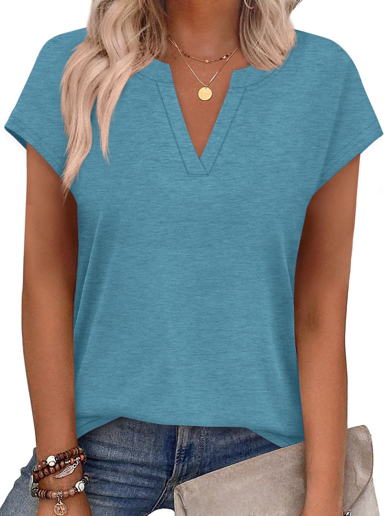 Women's Blue Notched Neck Short Sleeve Basic T-Shirt