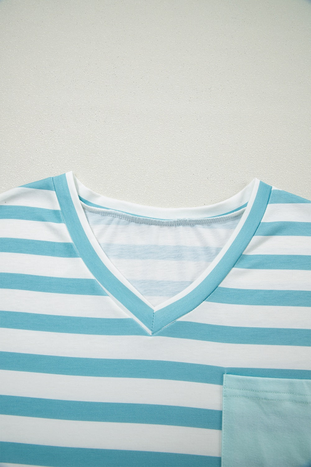 Women Striped V Neck Short Sleeve Casual T Shirt with Pocket