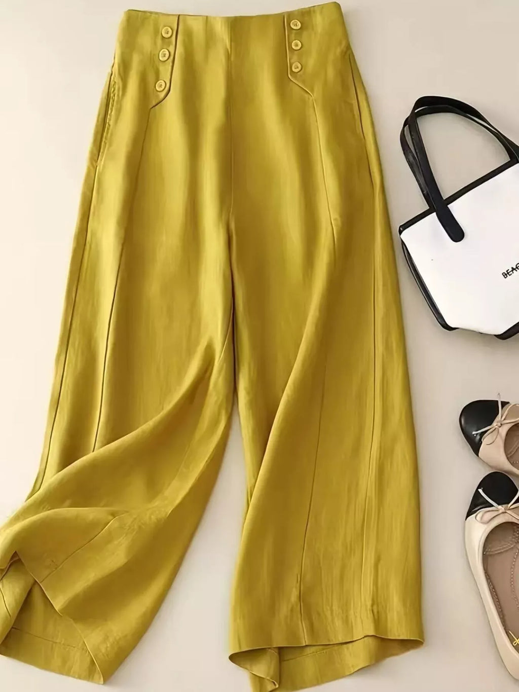 Wide-Leg Button-Decorated Pants in Mustard Yellow