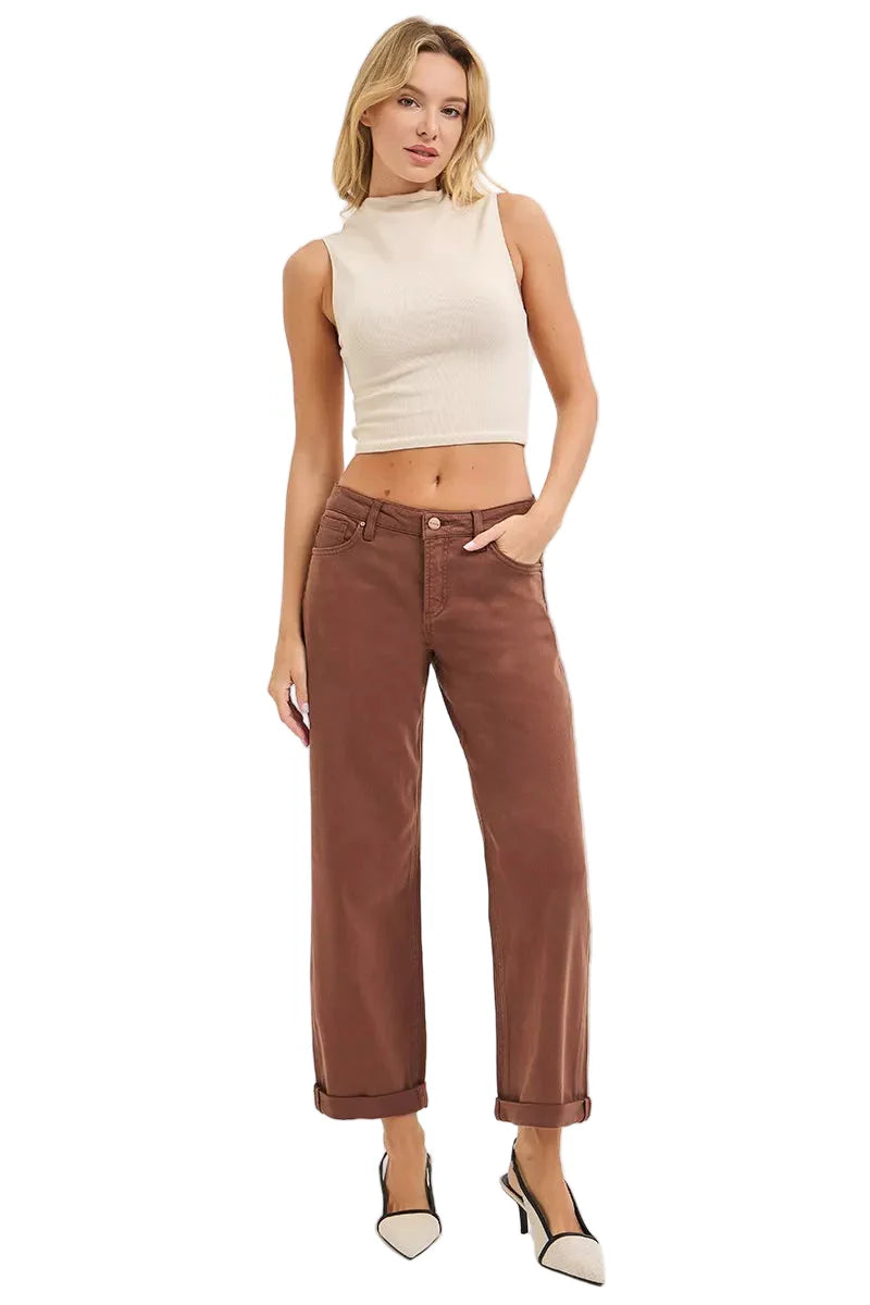 RISEN Full Size Tummy Control Mid Rise Ankle Barrel Baggy Plus Size