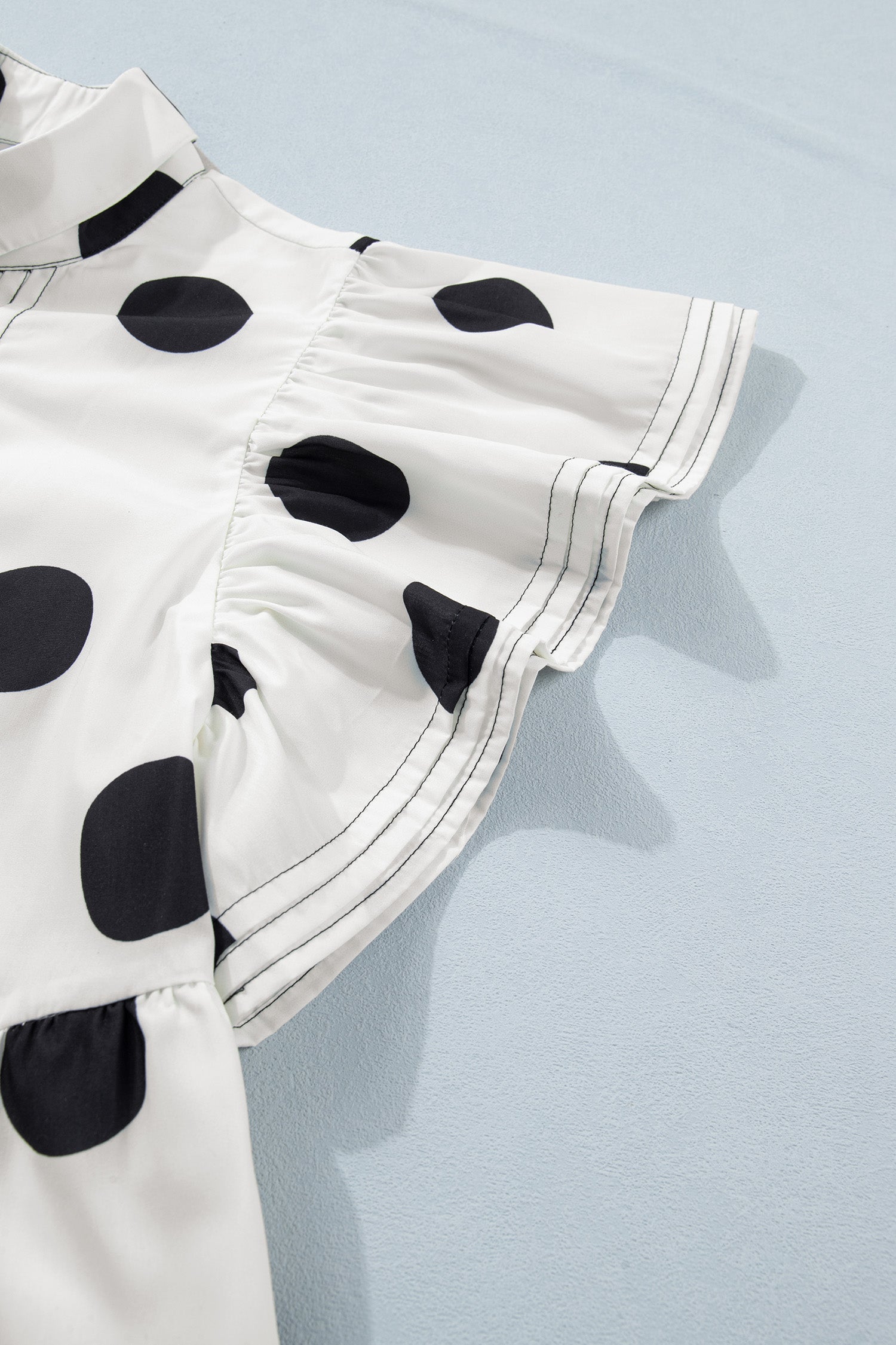 White Polka Dot Print Half Button Ruffled Short Sleeve Loose Mini Dress